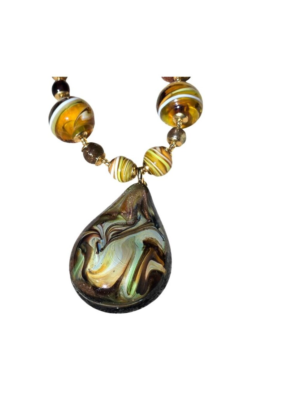 Una Alla Volta Murano Glass Beaded Necklace Swirl Teardrop Pendant Gold-Tone